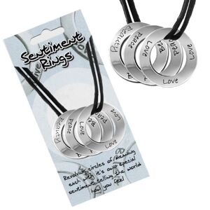 Šňůrkový náhrdelník - kolečka s nápisy "Love, Peace, Beauty"