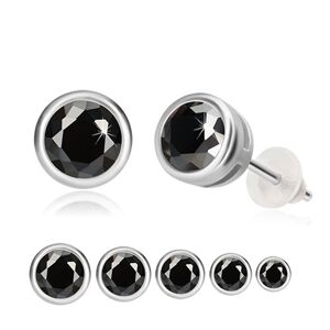 Stříbrné náušnice 925 - černý zirkon, kulatá objímka, puzetky  - Hlavička: 3 mm