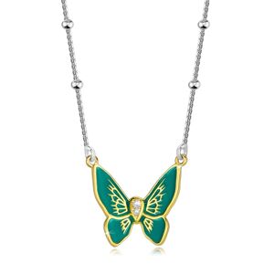 Stříbrný 925 náhrdelník - motýl se zelenými křídly, tělo se zirkony, hladké korálky