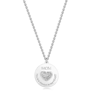 Stříbrný náhrdelník 925 - lesklý kruh, třpytivé srdce s nápisy, "MOM"