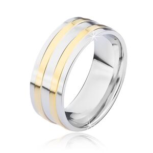 Stříbrný ocelový prsten se dvěma úzkými zlatými pásy - Velikost: 59