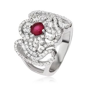 Stříbrný prsten 925, zirkonový kříž, zvlněné linie a růžovočervený kamínek - Velikost: 52