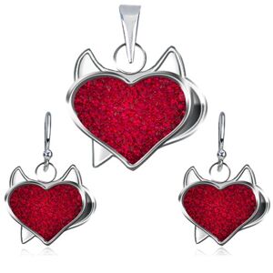 Stříbrný set 925 přívěsku a náušnic - červené zirkonové srdce, čertík