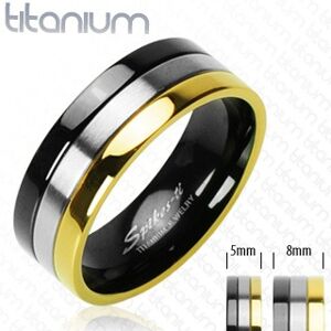 Titanové snubní prstýnky s onyxovým, stříbrným a zlatým pruhem - Velikost: 54