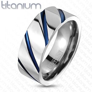 Titanový prsten stříbrné barvy, vysoký lesk, šikmé modré zářezy - Velikost: 61