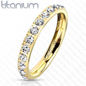 Titanový prsten ve zlatém odstínu - třpytivé zirkony čiré barvy, 3 mm - Velikost: 59