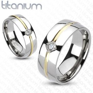 Titanový prsten - zlatý pásek, zirkon - Velikost: 62