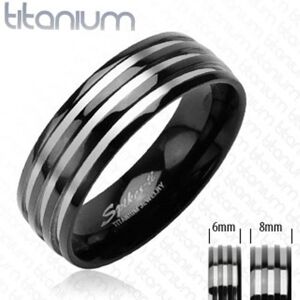 Titanový snubní prsten - se třemi stříbrnými pruhy, černý - Velikost: 63