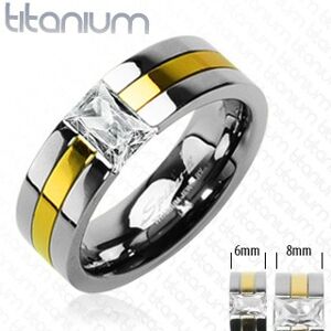 Titanový snubní prsten se zlatým pruhem a zirkonem - Velikost: 52