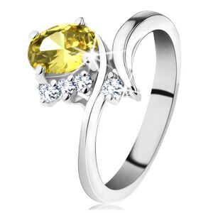 Třpytivý prsten ve stříbrném odstínu, oválný zirkon ve žluté barvě - Velikost: 51