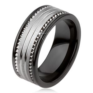 Wolframový keramický černý prsten se stříbrným povrchem a proužky - Velikost: 54