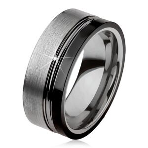 Wolframový prsten, dva zářezy, ocelově šedá a černá barva, lesklo-matný povrch - Velikost: 49