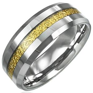 Wolframový prsten se vzorovaným pruhem zlaté barvy, 8 mm - Velikost: 59