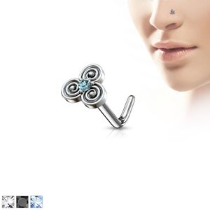 Zahnutý ocelový piercing do nosu s keltským motivem, zirkonek uprostřed - Tloušťka piercingu: 0,8 mm, Barva zirkonu: Aqua modrá - Q