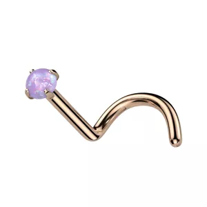 Zahnutý titanový piercing do nosu - barevný syntetický opál, 0,8 mm - Barva piercing: Měděná - fialová