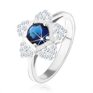 Zásnubní prsten, stříbro 925, blyštivý kvítek, kulatý modrý zirkon - Velikost: 52