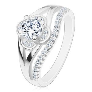 Zásnubní prsten, stříbro 925, čirý zirkonový kvítek a linie drobných zirkonů - Velikost: 57