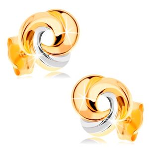 Zlaté náušnice 585 - tři propojené prstence, žluté a bílé zlato