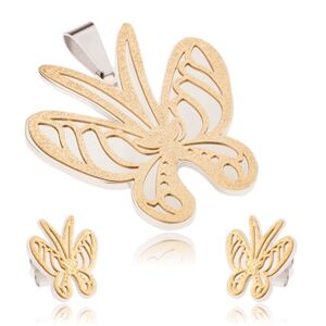 Zlato-stříbrný set z oceli, přívěsek a náušnice, pískovaný motýl
