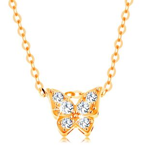 Zlatý 14K náhrdelník - lesklý řetízek, motýl zdobený čirými zirkony