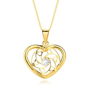 Zlatý 14K náhrdelník - obrys srdce s kulatou pavučinou a ornamenty, čiré zirkony