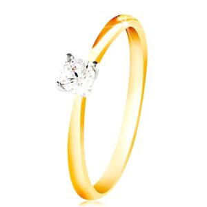 Zlatý 14K prsten - tenká ramena, čirý zirkon v kotlíku z bílého zlata - Velikost: 51