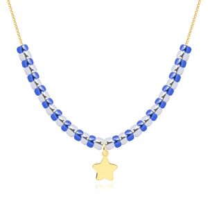 Zlatý 9K náhrdelník - plochá hvězda, čiré a modré krystaly