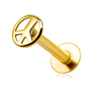 Zlatý 9K piercing do rtu a brady - kulatý symbol míru, lesklý povrch