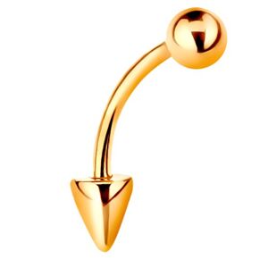 Zlatý 9K piercing - lesklá zahnutá činka s kuličkou a kuželem