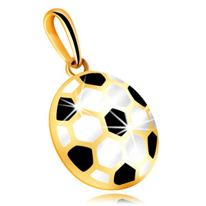 Zlatý 9K přívěsek - vypouklý fotbalový míč s černou a bílou glazurou, dutá zadní strana