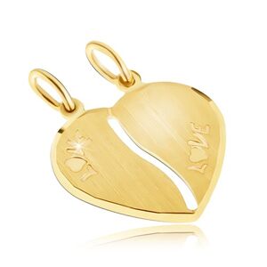 Zlatý dvojpřívěsek 585 - saténové srdce, nápis LOVE, podlouhlý výřez