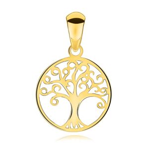 Zlatý přívěsek ze 14karátového žlutého zlata - plochý strom života v obrysu kruhu