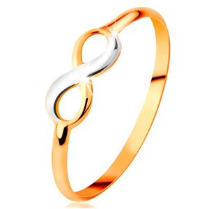Zlatý prsten 585 - dvoubarevný lesklý symbol nekonečna, úzká hladká ramena - Velikost: 58