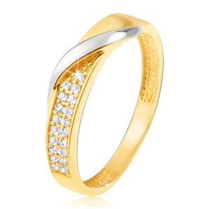Zlatý prsten 585 - pás drobných čirých zirkonů, zvlněná linie v bílém zlatě - Velikost: 55