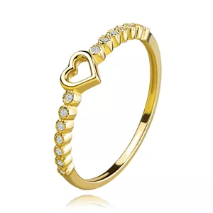 Zlatý prsten ze 14karátového žlutého zlata - obrys srdce, čiré zirkonové květy - Velikost: 52